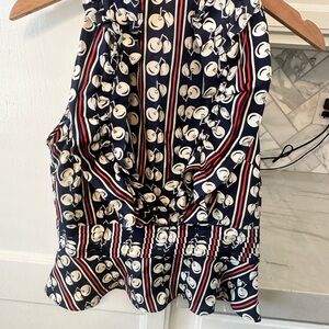 Navy Cherry Print Boutique Sourced Ruffled Sleeveless Top